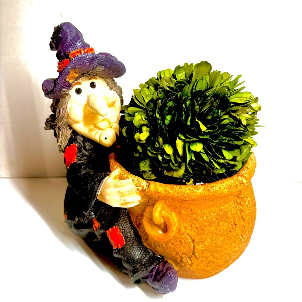 Vintage Halloween Witch Cauldron Pot Planter Container Candy Dish Resin 9" Cute